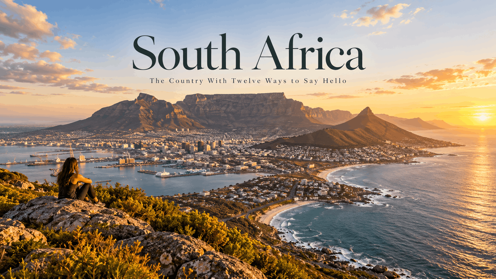 Panoramic sunset view of Cape Town, South Africa, showing Table Mountain, the coastline and Atlantic Ocean, with South Africa and The Country With Twelve Ways to Say Hello overlaid.