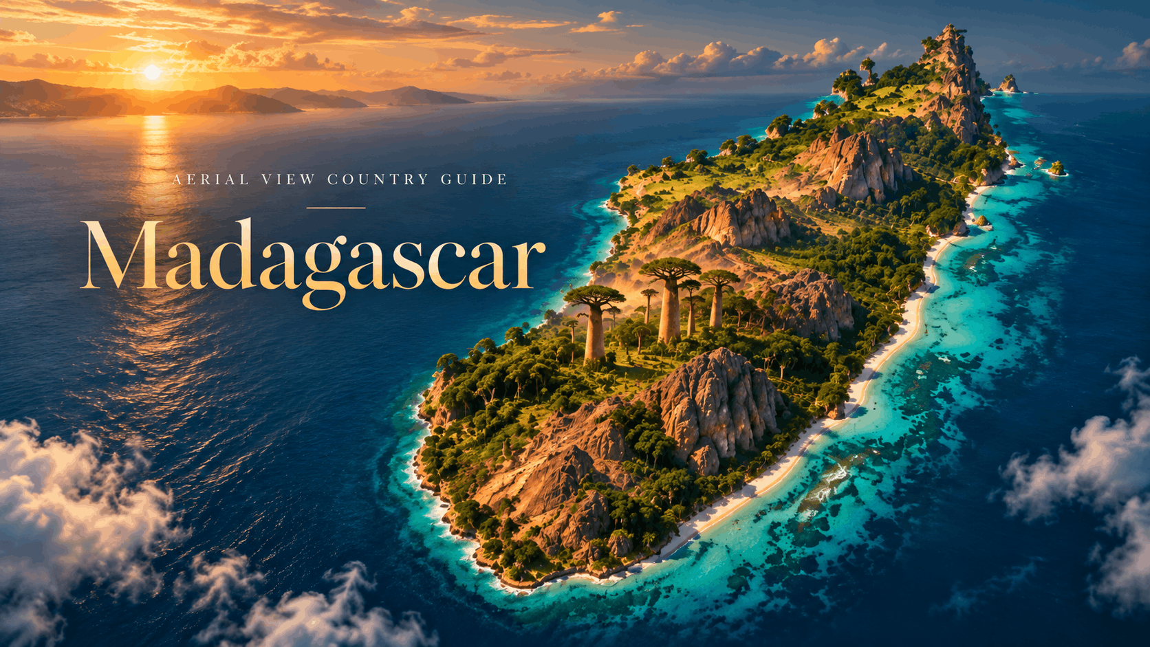 Aerial view of Madagascar at sunset with baobab trees, rocky landscapes, lush greenery and turquoise coastline, featured for the Ria’s Colony Madagascar Country Guide.