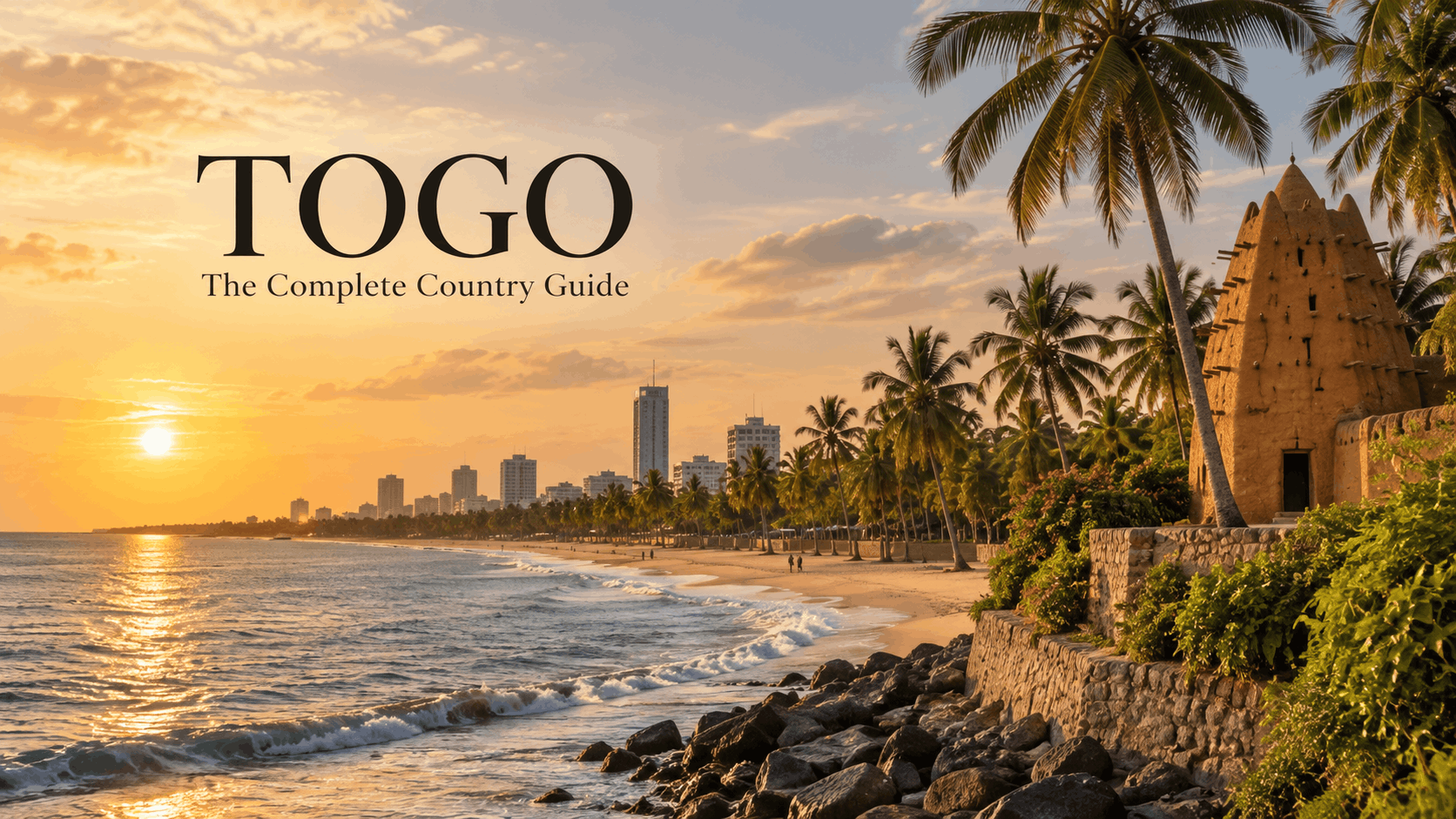 Golden sunset over Togo’s coastline with palm trees, ocean waves, a city skyline and traditional earthen architecture, with the title “Togo: The Complete Country Guide.