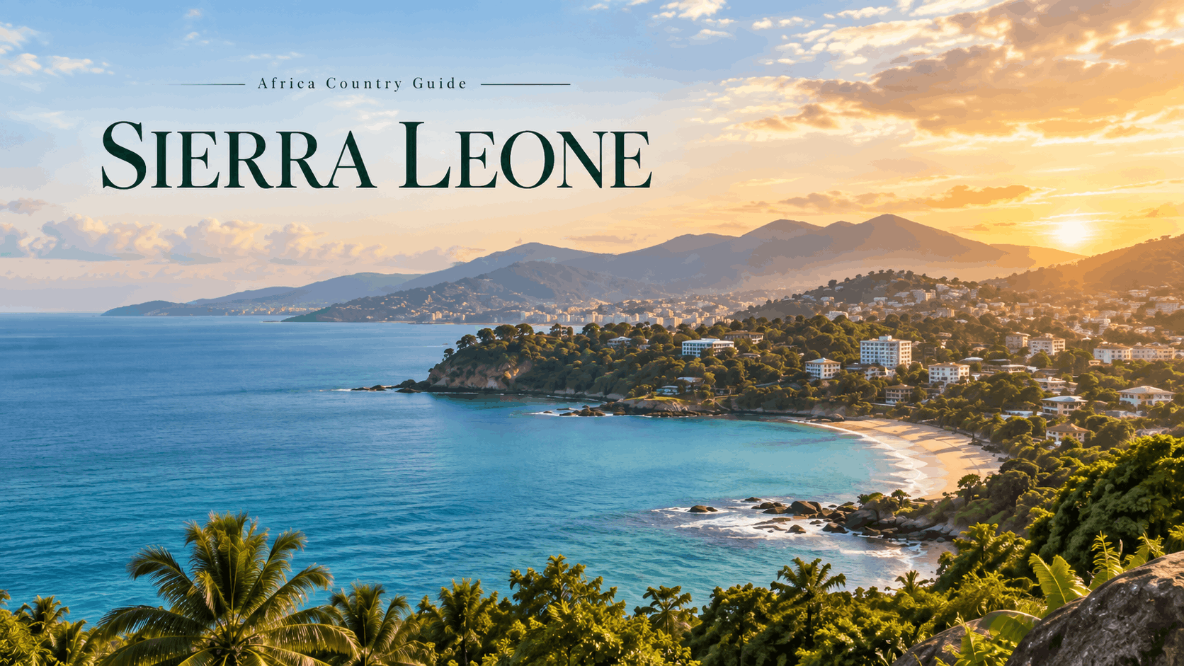 Panoramic coastal view of Sierra Leone with blue Atlantic waters, lush green hills and Freetown in the distance at sunset, with the title “Sierra Leone.”