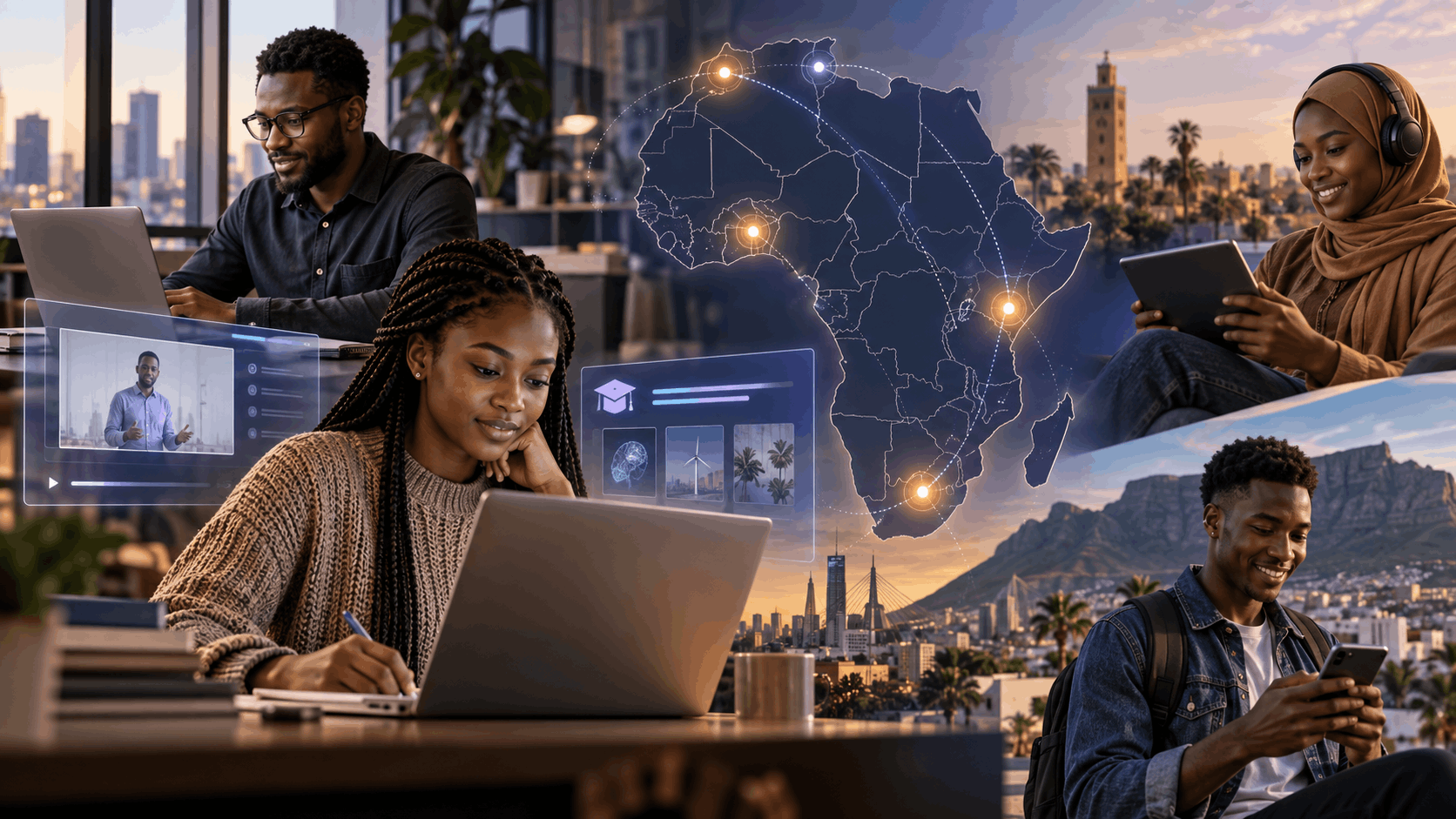 African students and professionals using laptops, tablets and smartphones for online learning, with a digital map of Africa highlighting major e-learning hubs.