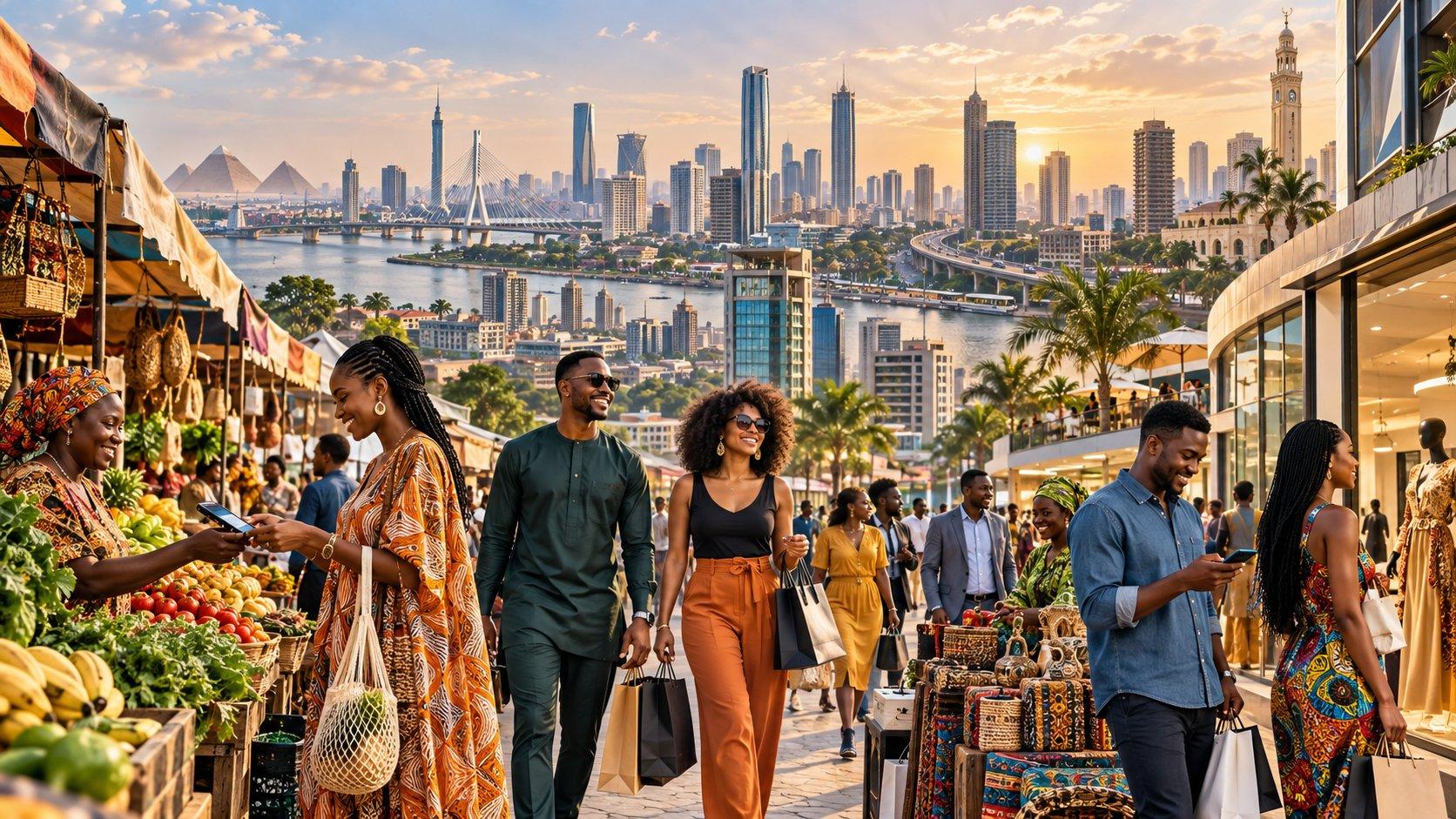 African shoppers and entrepreneurs moving through a lively market and modern retail district, with produce stalls, mobile payments, shopping bags and a large African city skyline in the background, representing the continent’s diverse and growing consumer markets.