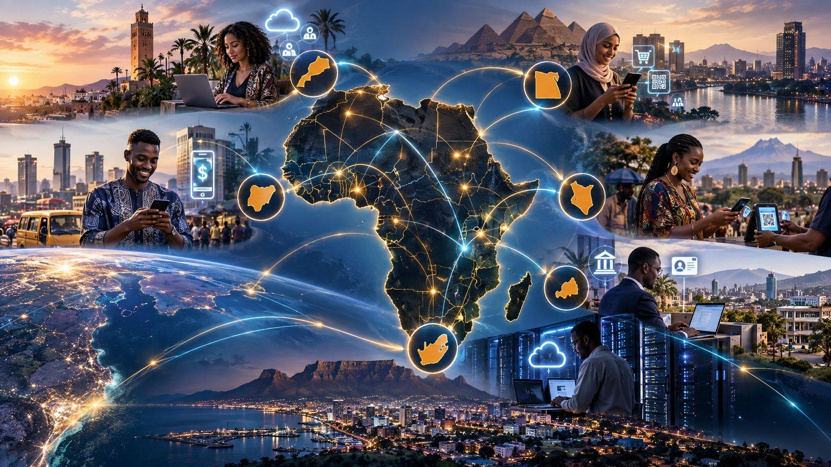 Digital illustration of Africa connected by glowing network lines, surrounded by scenes representing mobile payments, cloud computing, digital services and online government across Morocco, Egypt, Nigeria, Kenya, Rwanda and South Africa.
