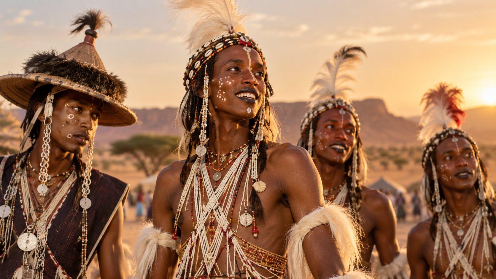 Wodaabe men in traditional Gerewol dress and face paint standing in the Nigerien Sahel at sunset, wearing feathered headdresses, beads and ceremonial jewellery.