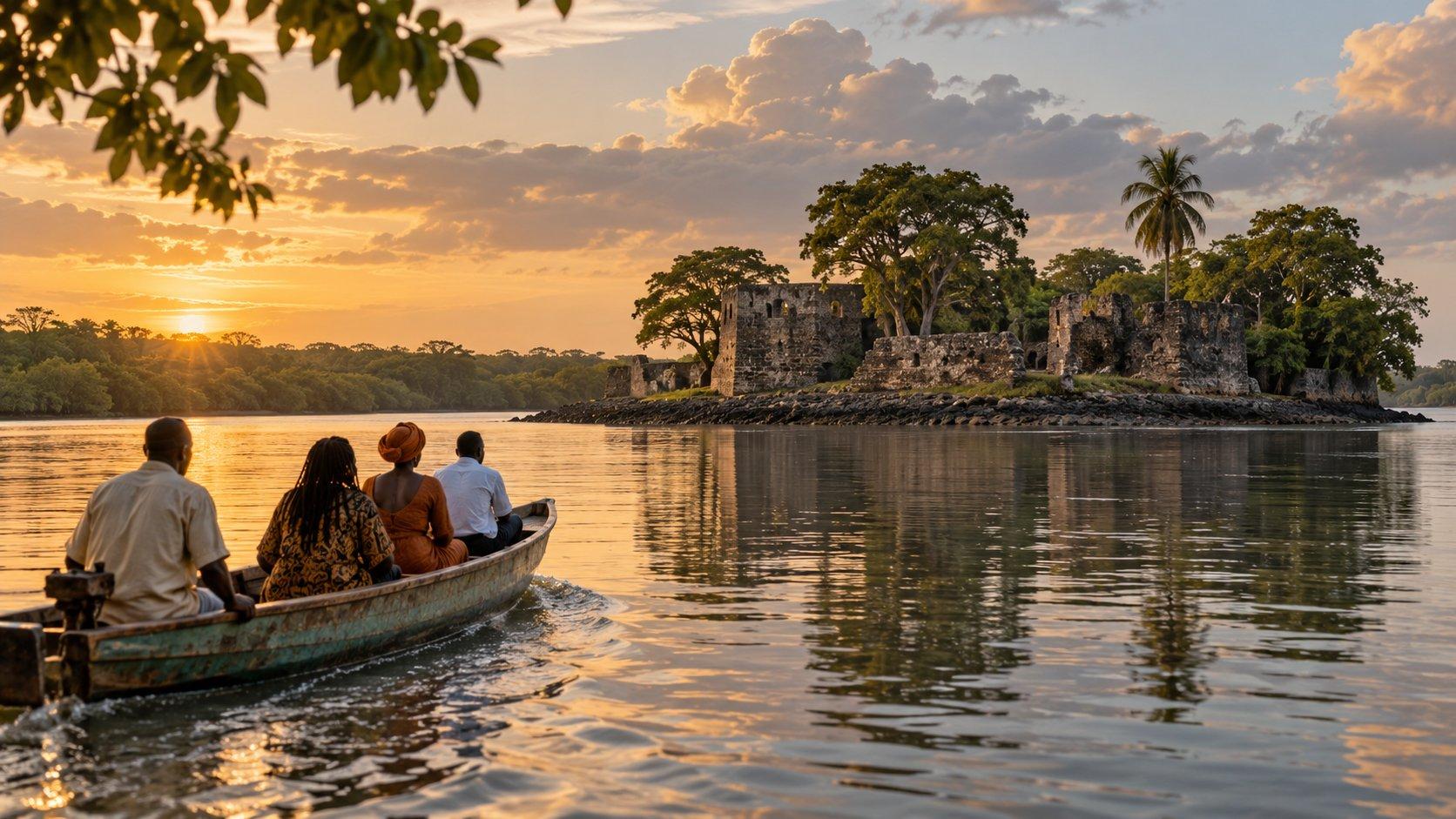 Visitors travel by boat along the Gambia River toward the historic ruins of Kunta Kinteh Island at sunset.