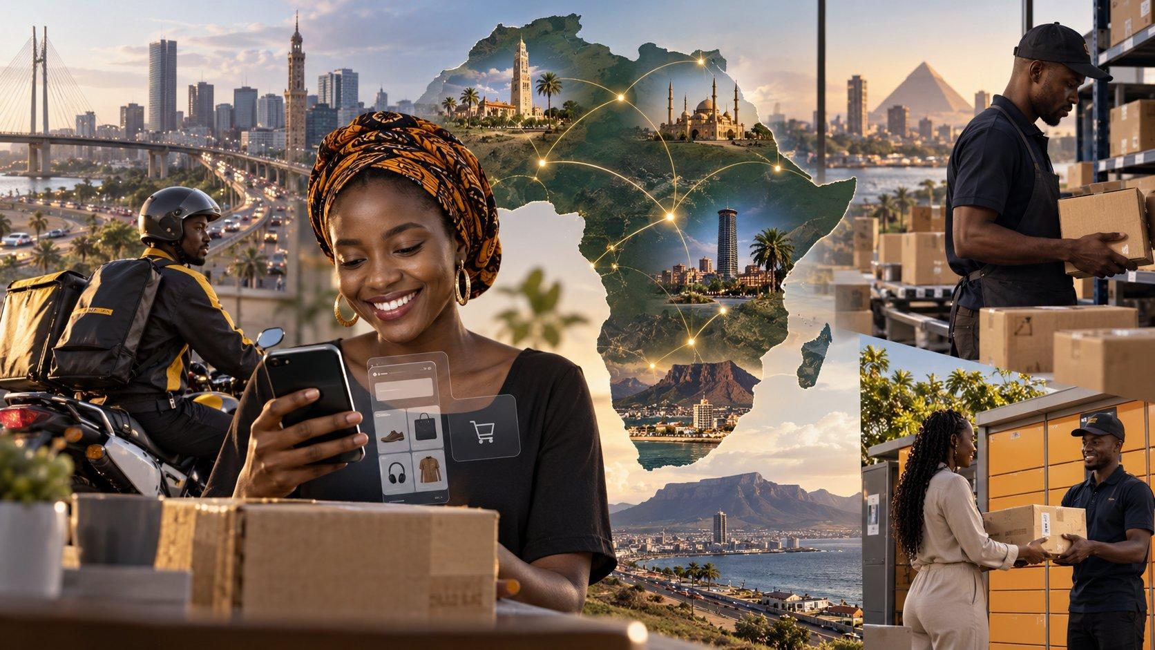African woman shopping on a smartphone beside parcels, with delivery riders, warehouse workers and a connected map of Africa representing e-commerce, payments and logistics across the continent.