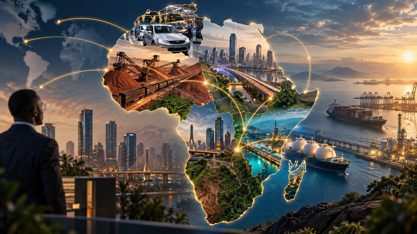 Map of Africa illustrated with mining, automotive manufacturing, modern cities, ports, LNG infrastructure and glowing investment routes representing foreign direct investment across the continent.