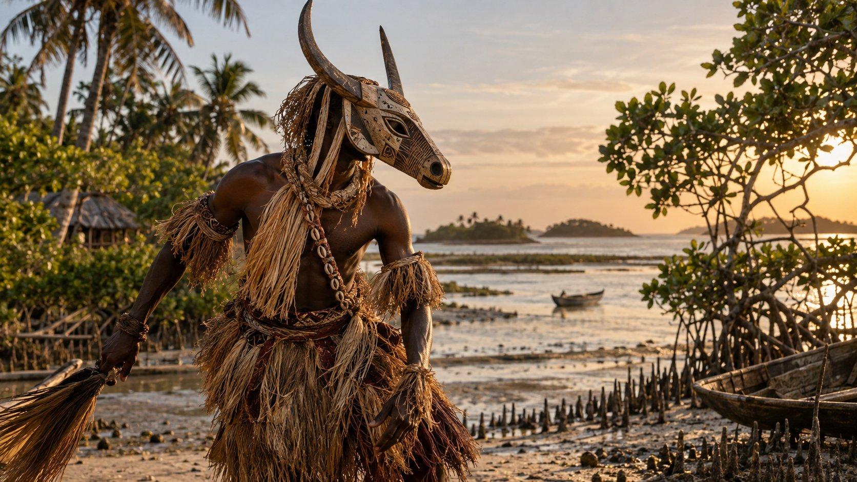Bijagó man wearing a carved ox mask and raffia ceremonial attire beside a mangrove shoreline in Guinea-Bissau’s Bijagós Archipelago at sunset.