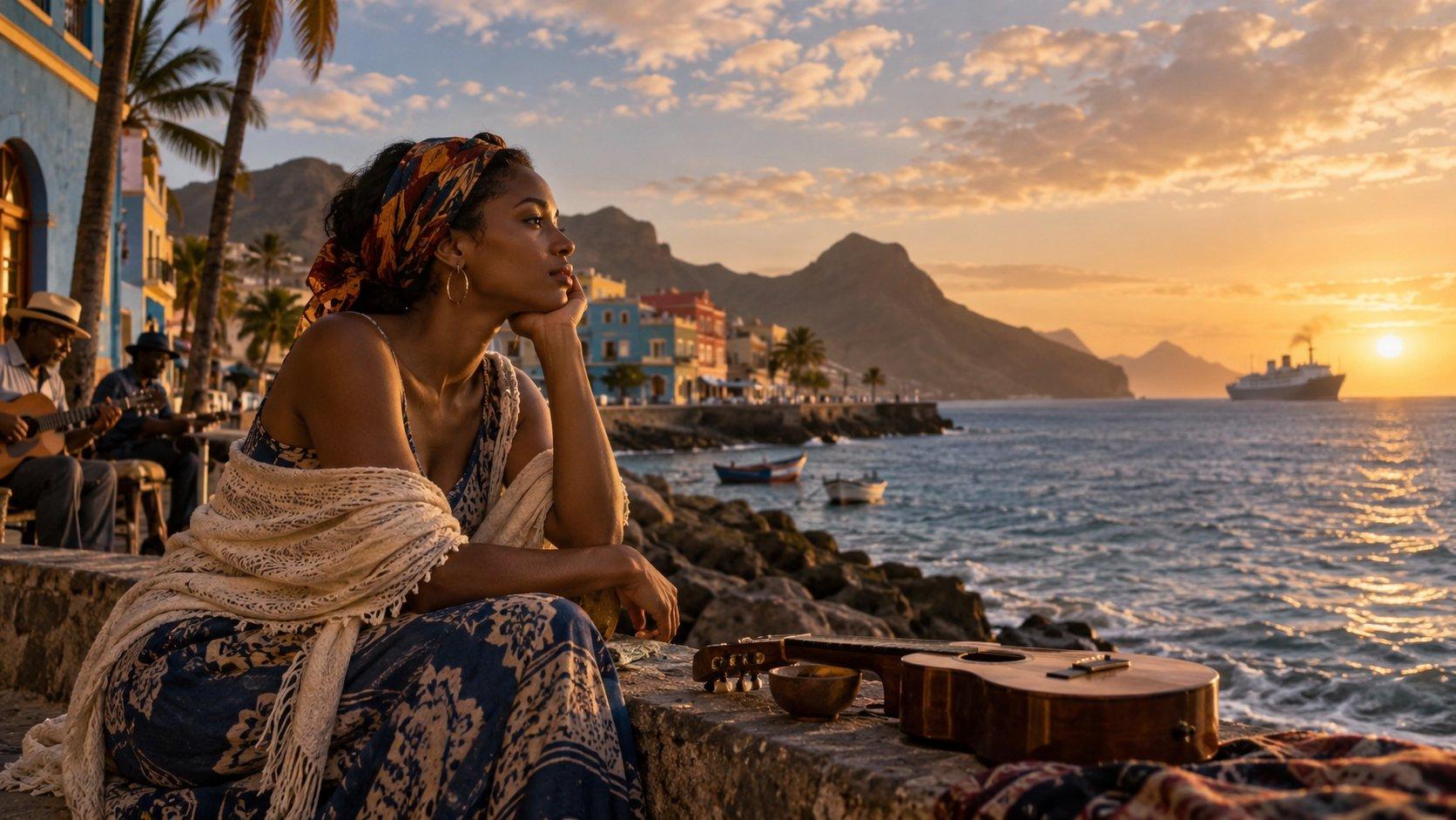 Cape Verdean woman sitting by a coastal waterfront at sunset, looking out over the Atlantic as musicians play nearby, with colorful buildings, volcanic mountains, small boats and a distant ship evoking morna, migration and sodade.