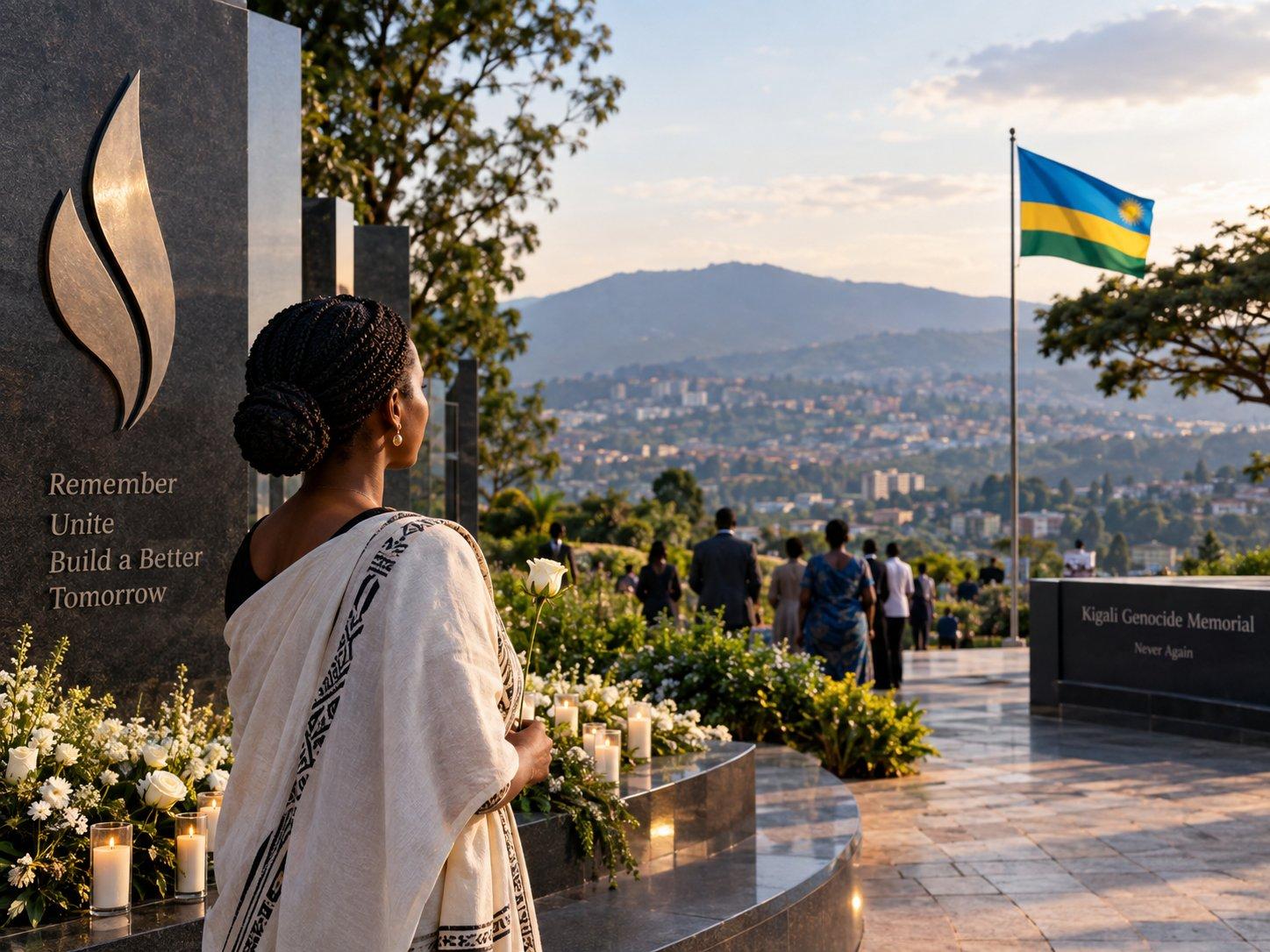 Rwandan woman holding a white flower at the Kigali Genocide Memorial, with candles, visitors, the Rwandan flag and Kigali’s hills in the background.