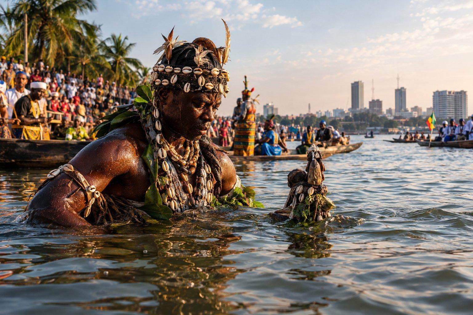 Photorealistic riverside scene in Douala, Cameroon, showing a Sawa cultural ceremony on the Wouri River. A traditionally dressed participant stands in the water wearing cowrie shells, beads, feathers and leafy adornments, while boats, performers, palm trees and a large crowd gather along the river with the Douala skyline in the background.