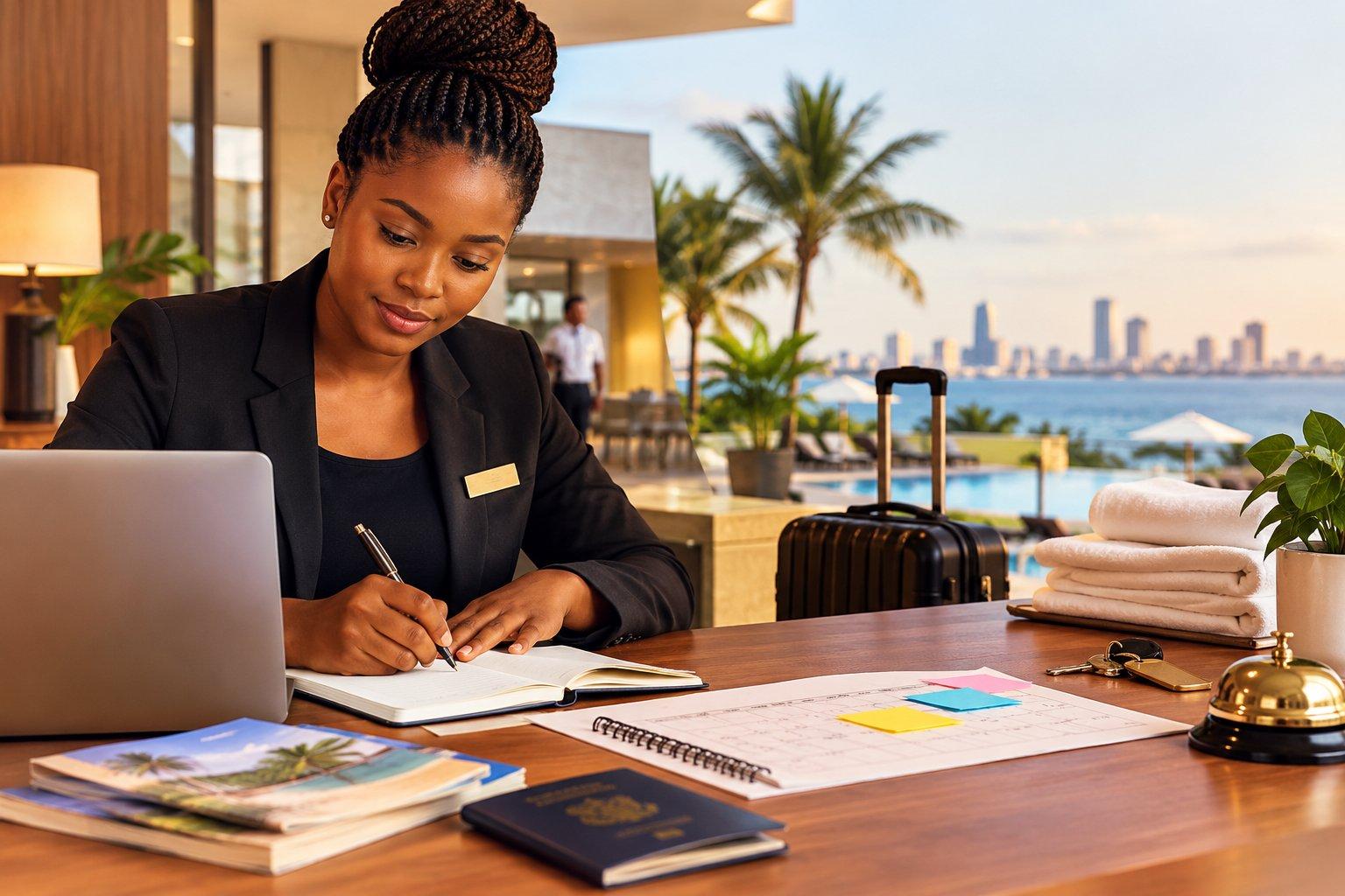 Black female hotel professional planning for the busy December season at a hospitality reception desk, with a laptop, planner, calendar, suitcase, passport, and hotel supplies, overlooking a tropical resort.