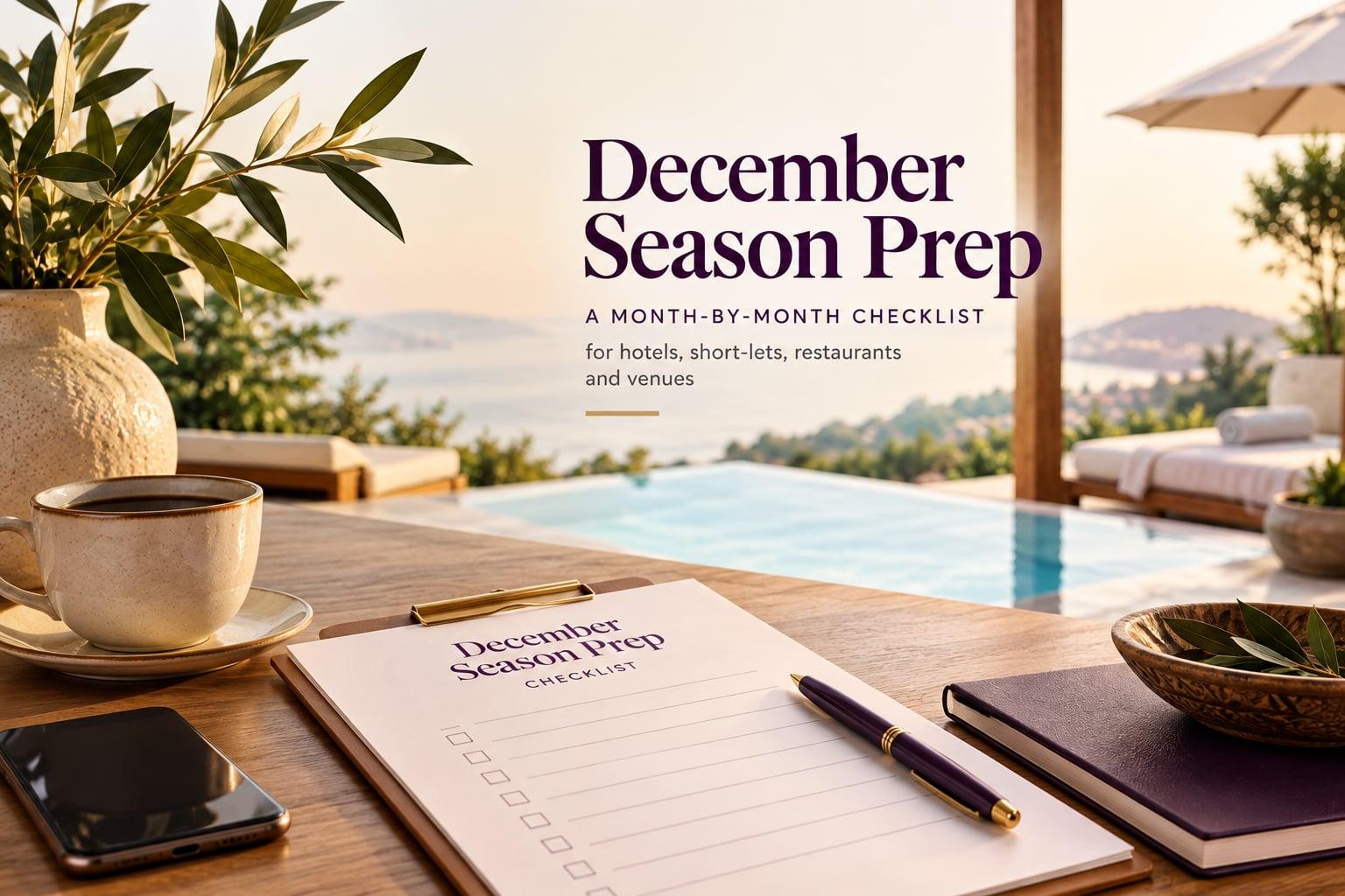 The December Season Prep checklist on a clipboard with a pen, coffee and phone on a wooden table beside a hotel pool at sunset.