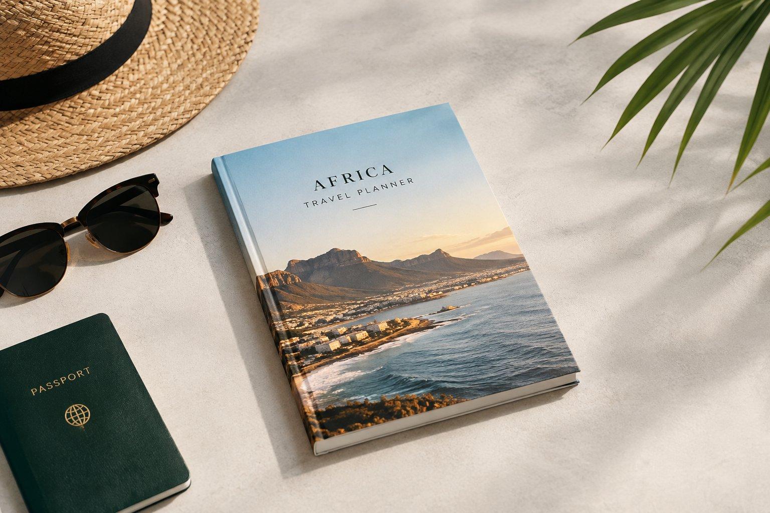 Minimalist travel scene featuring an Africa travel planner, passport, sunglasses and straw hat on a light surface with palm leaves, representing December travel planning in Africa.