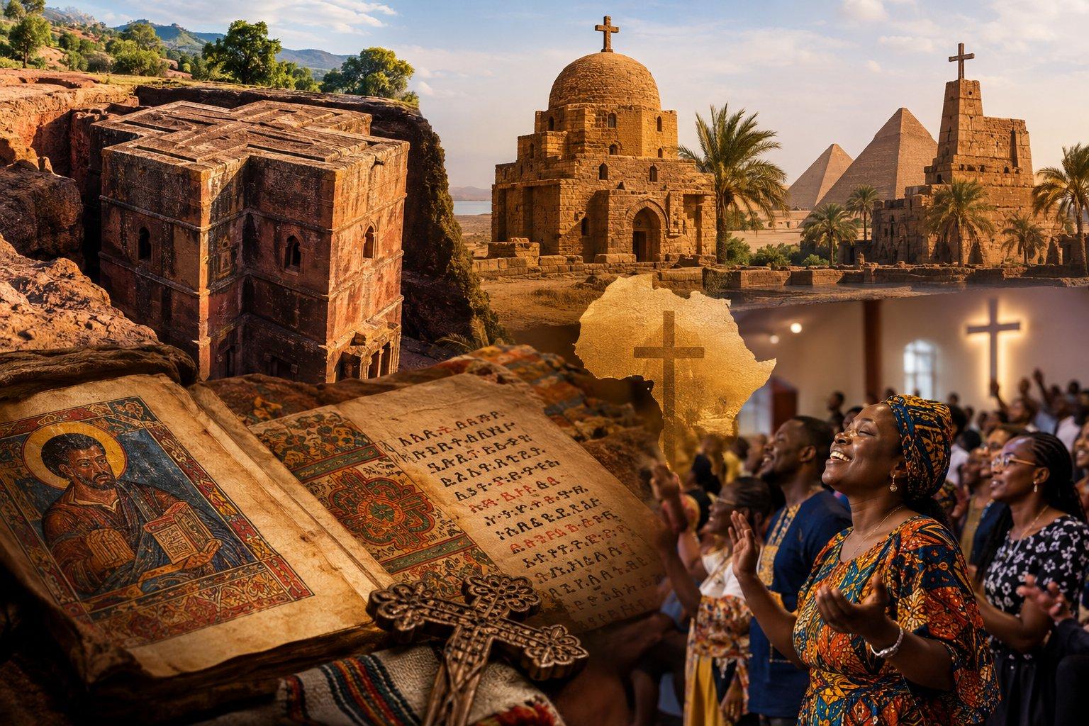African Christian history represented through ancient Ethiopian and Egyptian Christian architecture, manuscripts, and a contemporary African church community, symbolizing Christianity's nearly two-thousand-year history on the continent.