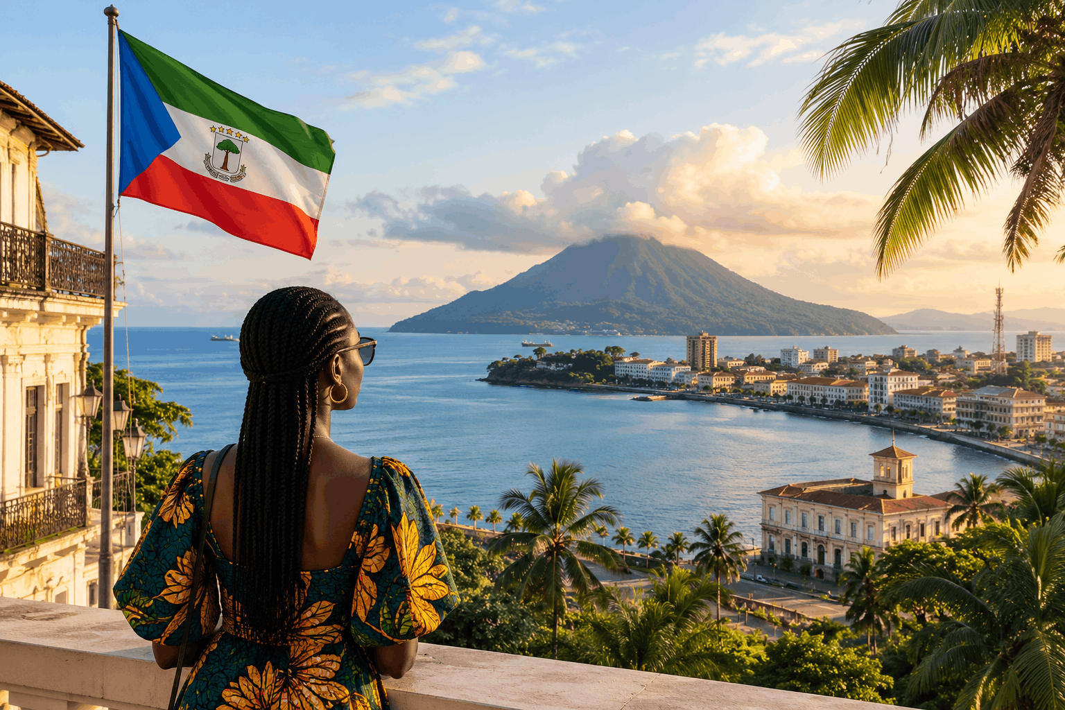 A Black woman in a colourful African print dress looks across a tropical waterfront in Equatorial Guinea, with the national flag, palm trees, colonial-era buildings and a volcanic mountain in the background.
