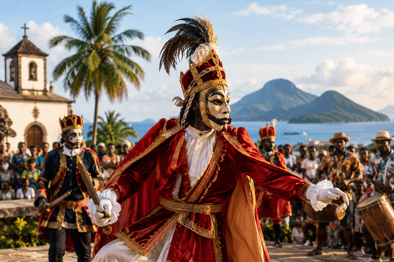 A masked performer in an ornate red-and-gold royal costume performs Tchiloli in São Tomé and Príncipe, surrounded by fellow performers, drummers and spectators, with a colonial-era church, palm trees and green mountains across the sea in the background.