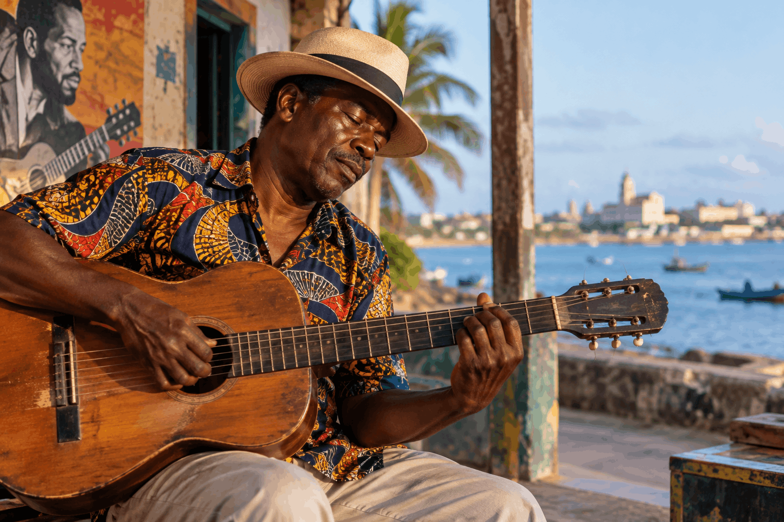 A Mozambican musician playing an acoustic guitar on a sunlit waterfront, with palm trees, boats and a coastal city in the background.