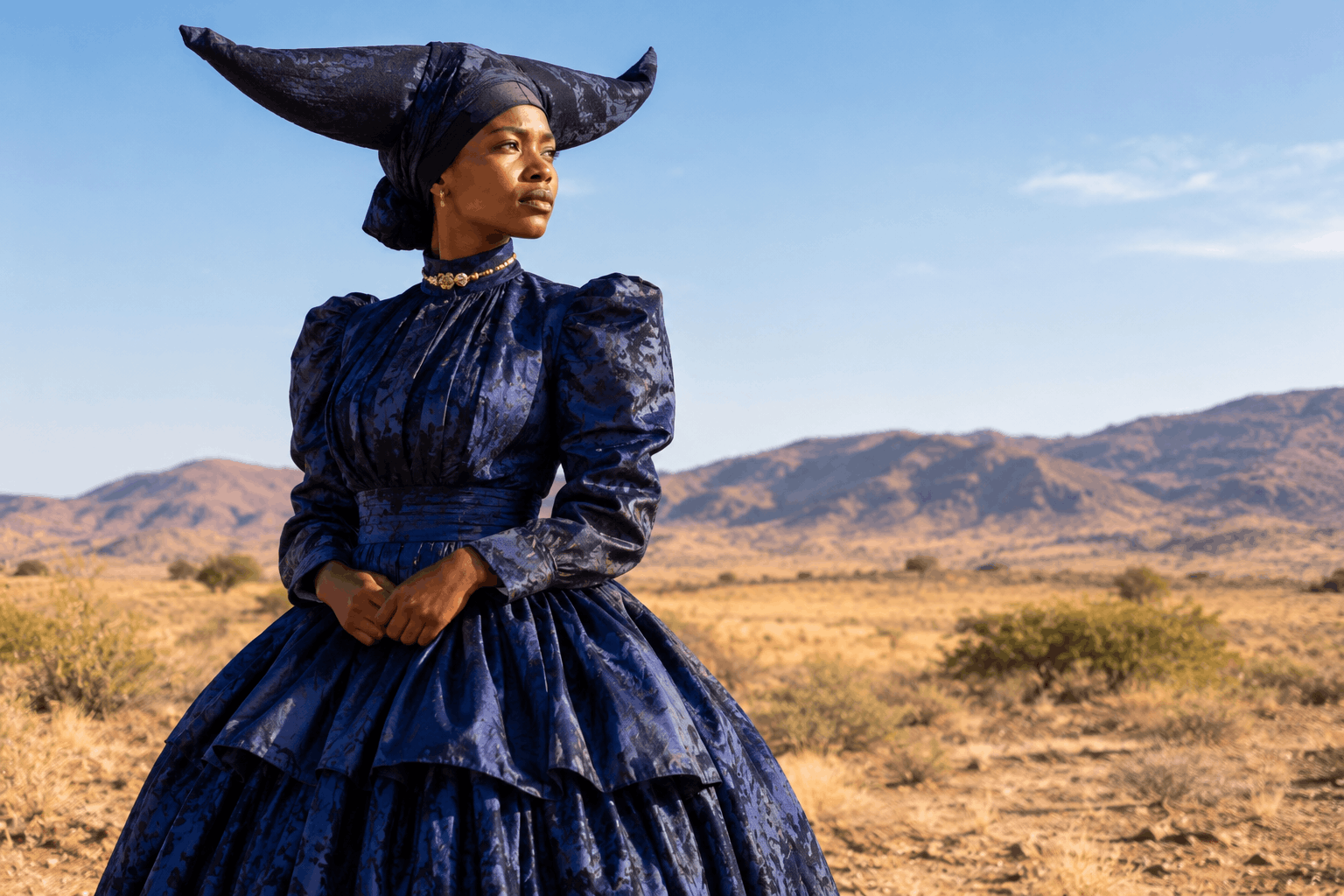A Herero woman in a long dark blue traditional dress and distinctive cattle-horn-shaped headdress stands against Namibia’s dry landscape and mountains.