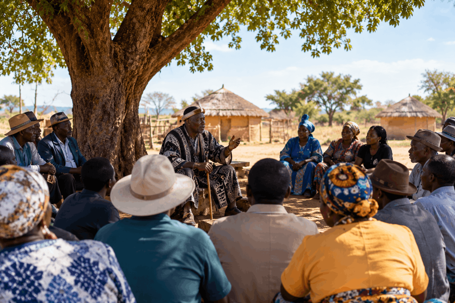 Villagers sit in a circle beneath a large shade tree as a traditional leader in a patterned robe speaks at a kgotla meeting, with thatched round houses in the background.