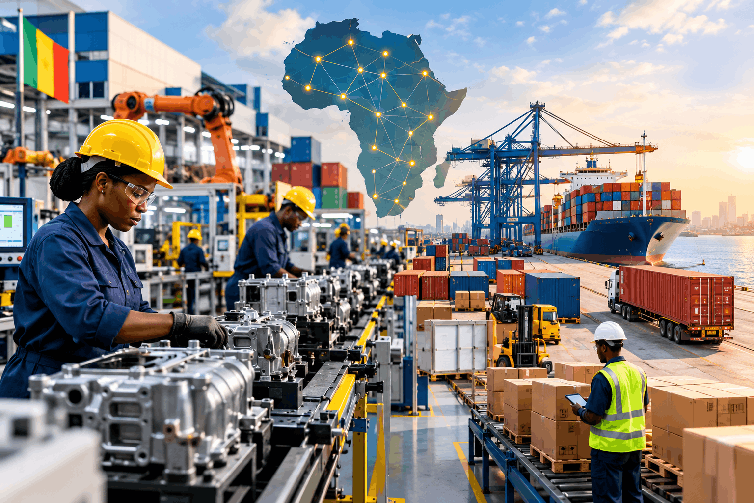 African manufacturing hub with modern factory machinery, workers, shipping containers, industrial production lines, and a port, representing the growth of manufacturing and regional supply chains across Africa.