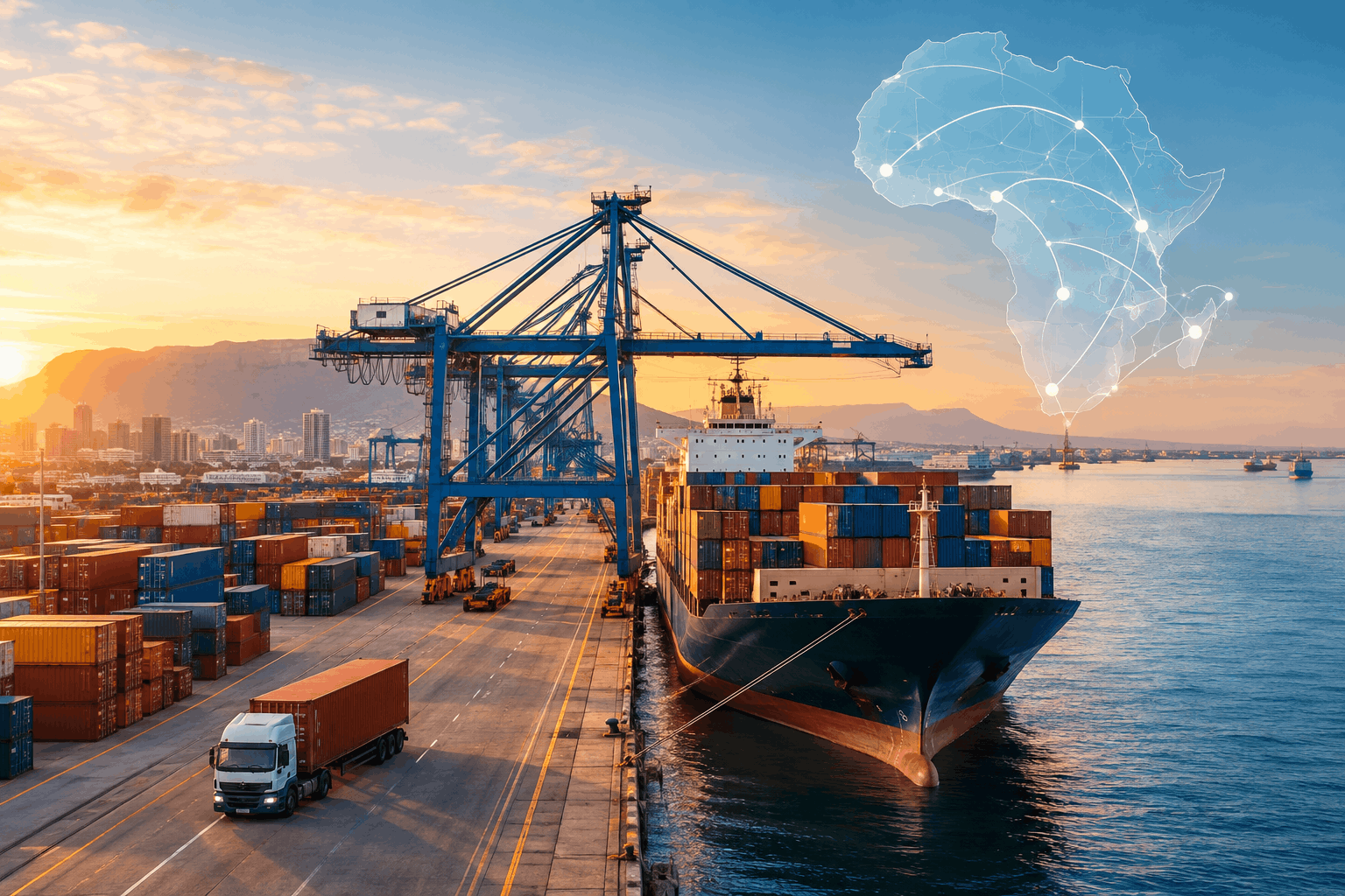 A busy African seaport with a container ship, cargo cranes, stacked containers and a truck, with a subtle map of Africa and shipping routes overlaid in the sky.