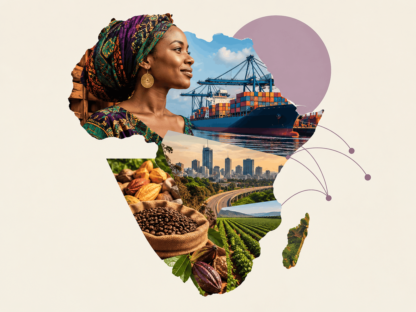 Editorial collage of Africa featuring a Black woman, shipping containers at a port, a city skyline, roads, agricultural fields, coffee and cocoa, representing African markets, trade, and economies.