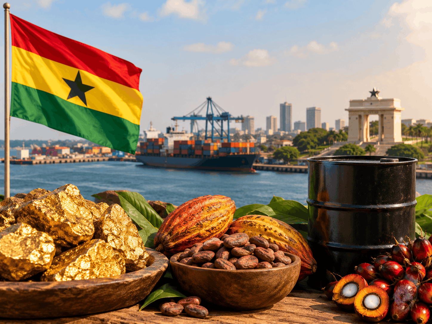 Ghanaian flag overlooking a busy seaport, with gold nuggets, cocoa pods, cocoa beans, and crude oil in the foreground, representing Ghana’s major exports and international trade.
