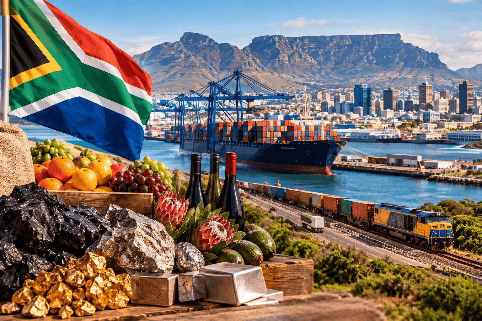 South Africa’s economy represented by mineral exports, fresh agricultural produce, a freight train, a container ship at the port, and Cape Town’s skyline beneath Table Mountain, with the South African flag in the foreground.