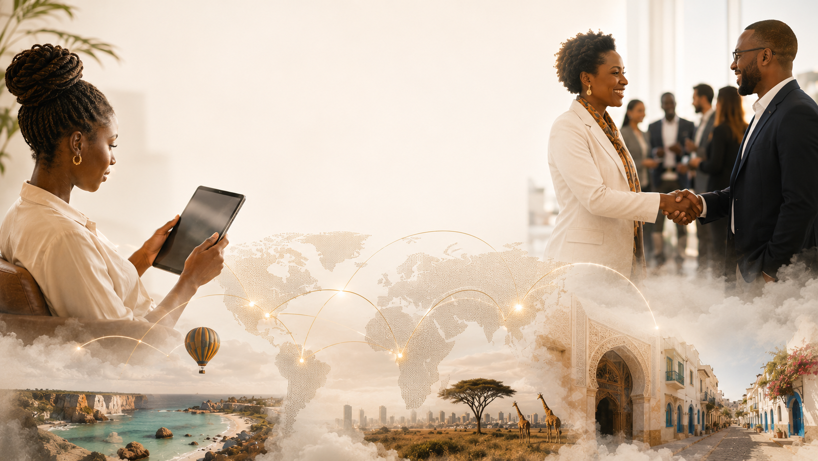 A businesswoman video-calling on a tablet and two partners shaking hands, with African cities, coastline and landmarks connected across a world map
