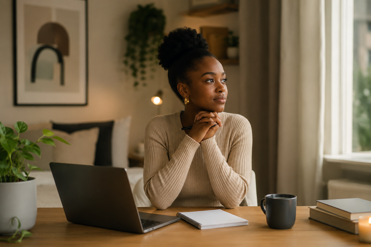 Young African woman reflecting in a modern workspace, symbolizing growth, confidence and the vision behind Ria's Colony.