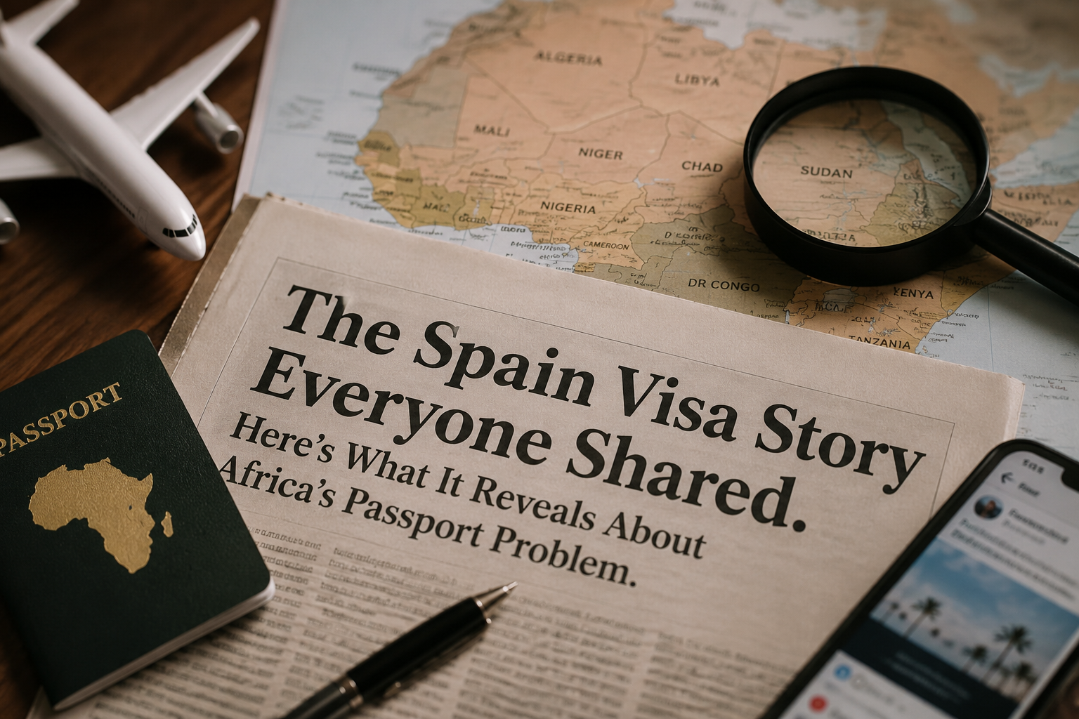A passport placed on a newspaper beside a map of Africa, a magnifying glass, a smartphone and a model airplane, symbolising travel policy, passport mobility and country branding.
