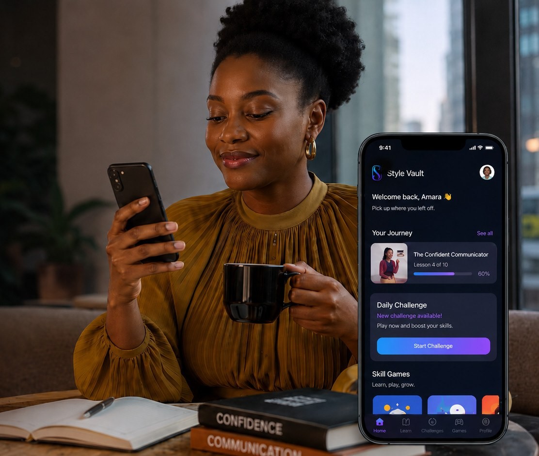 A woman smiling at her phone while holding a coffee cup, with the Style Vault app's home screen shown beside her